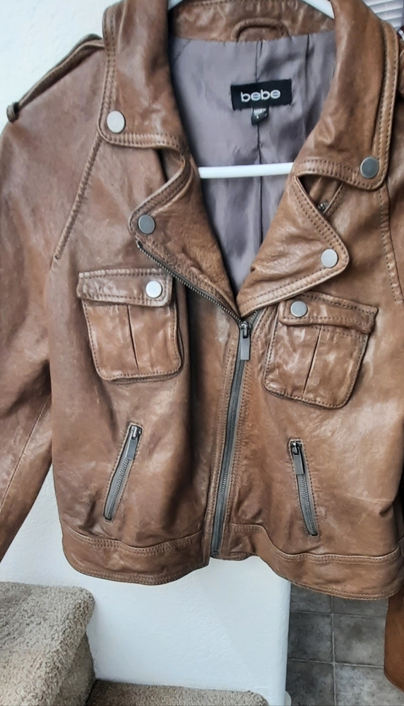 Leather Motorcycle Jacket, Light Brown.  Size Junior Large Slim at arms.